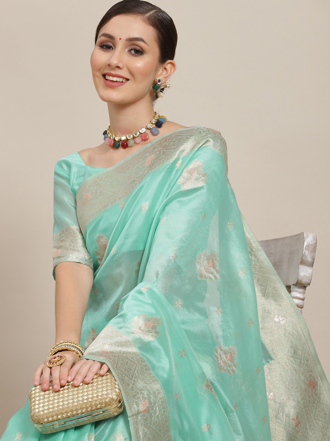 

Saree mall Sea Green Ethnic Motifs Zari Silk Blend Banarasi Sarees