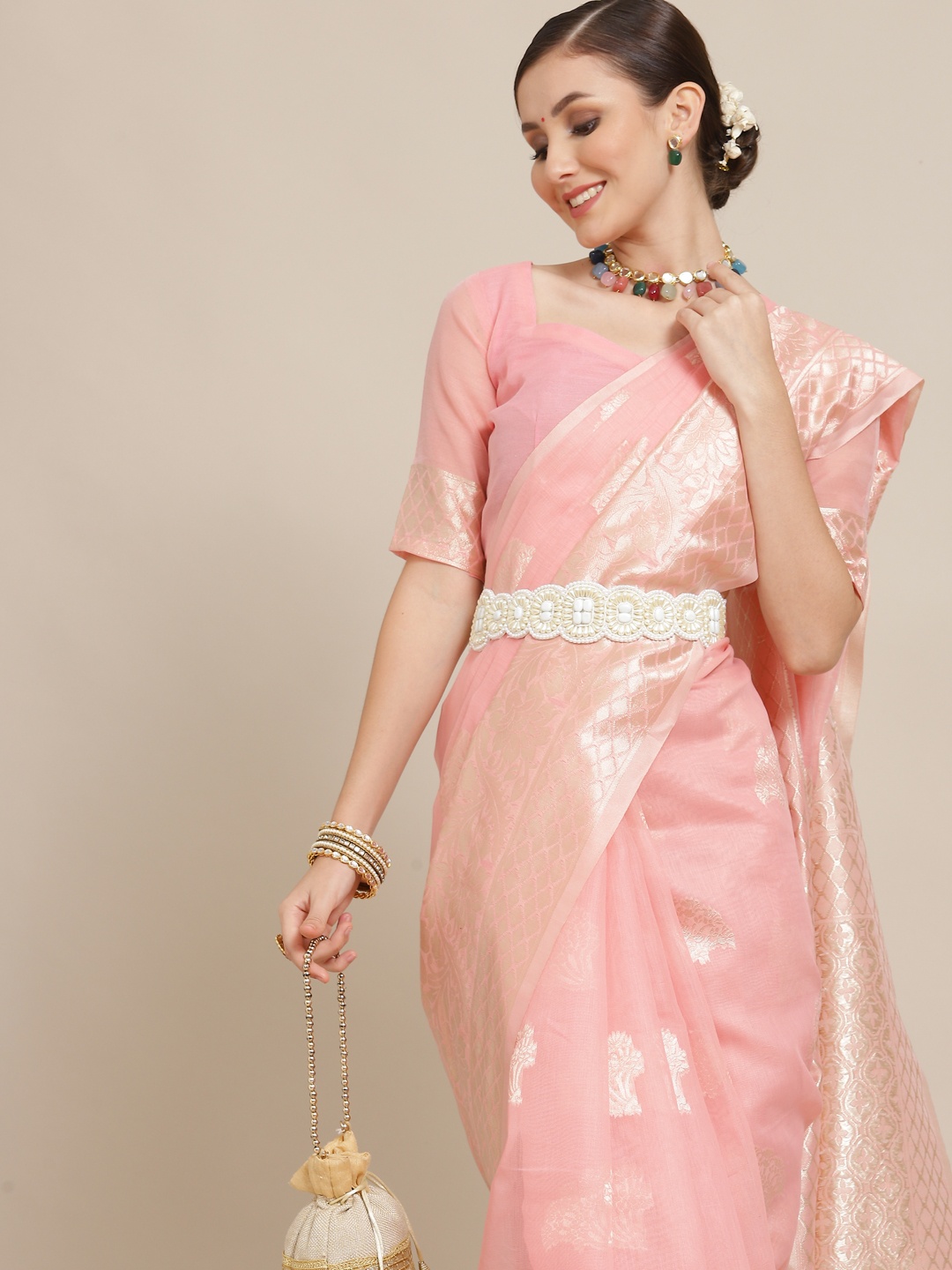 

Saree mall Pink Floral Zari Banarasi Sarees