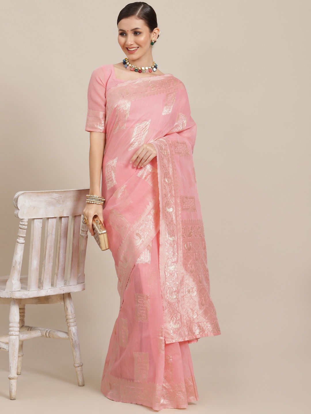 

Saree mall Pink Ethnic Motifs Zari Bagh Sarees