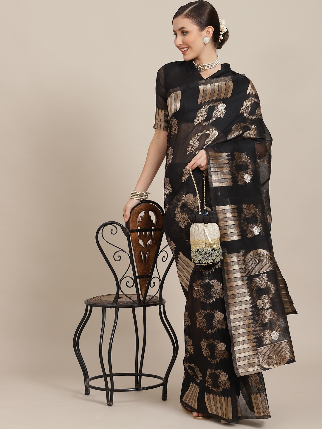 

Saree mall Black & Gold-Toned Ethnic Motifs Zari Banarasi Sarees