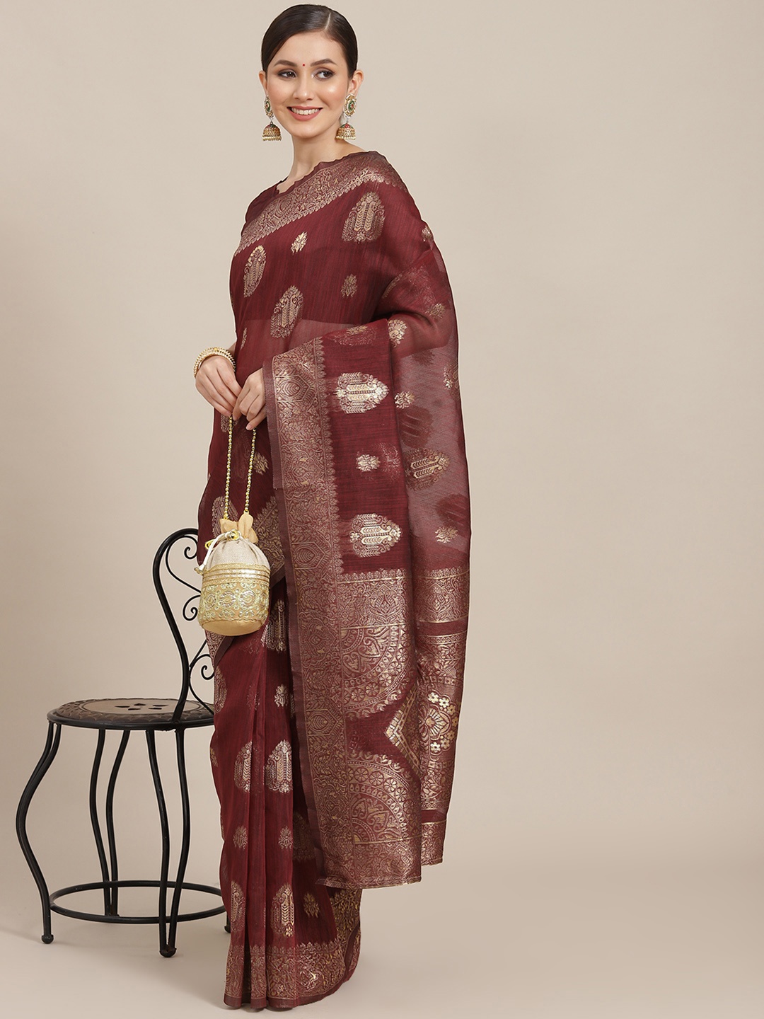 

Saree mall Maroon & Gold-Toned Ethnic Motifs Zari Banarasi Sarees