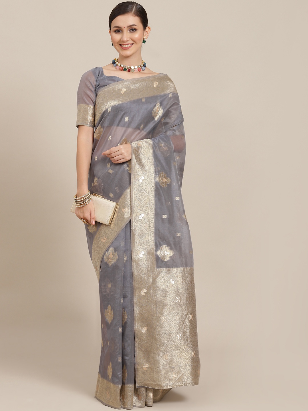 

Saree mall Grey Ethnic Motifs Zari Silk Blend Banarasi Sarees