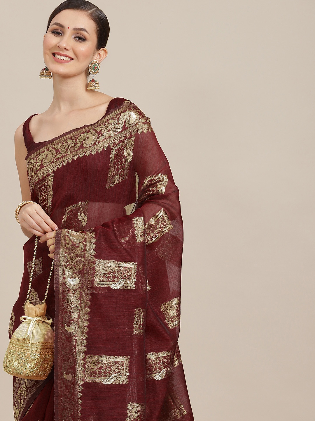 

Saree mall Maroon & Gold-Toned Ethnic Motifs Zari Bagh Sarees