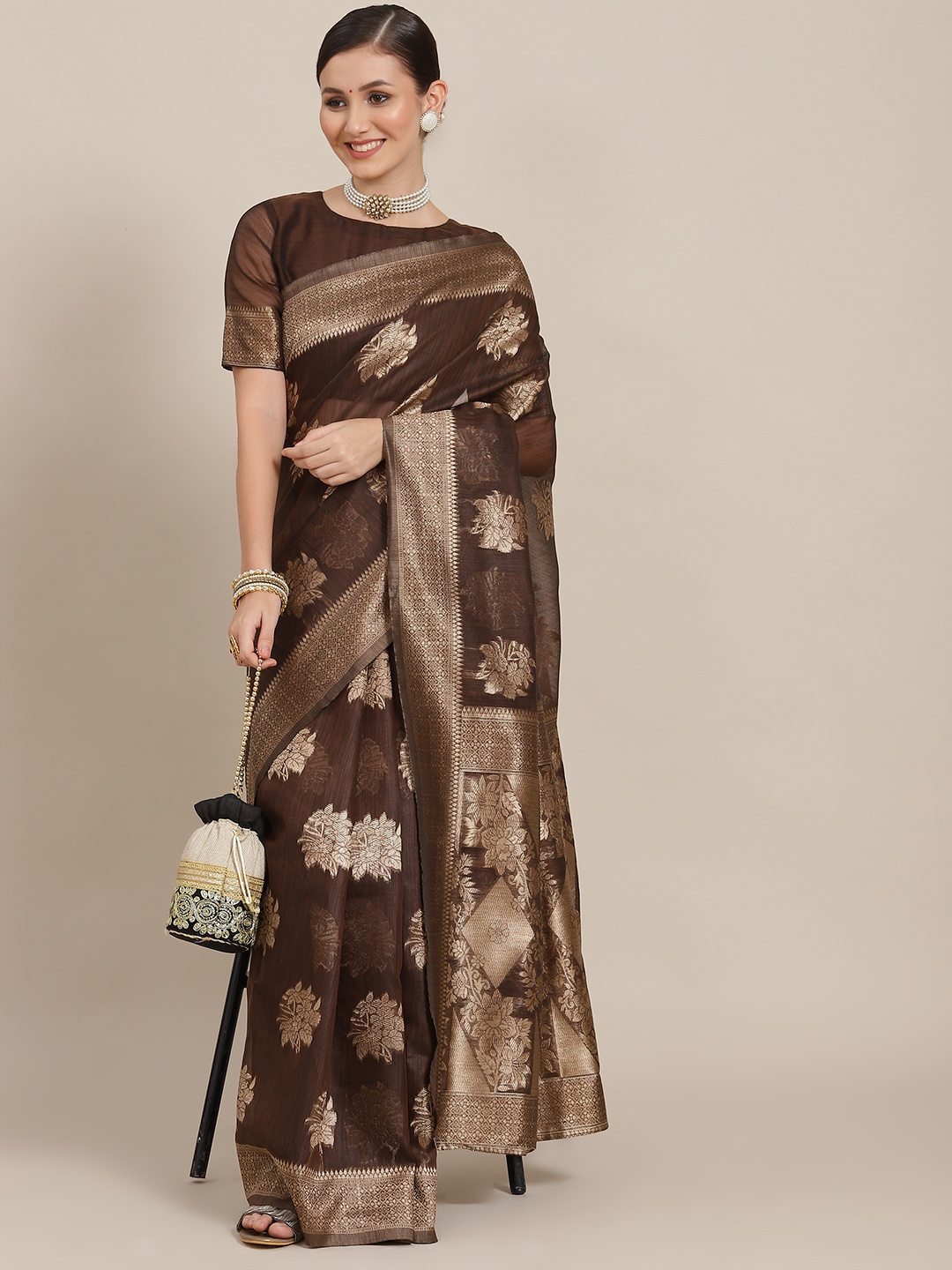 

Saree mall Brown Floral Zari Bagh Sarees