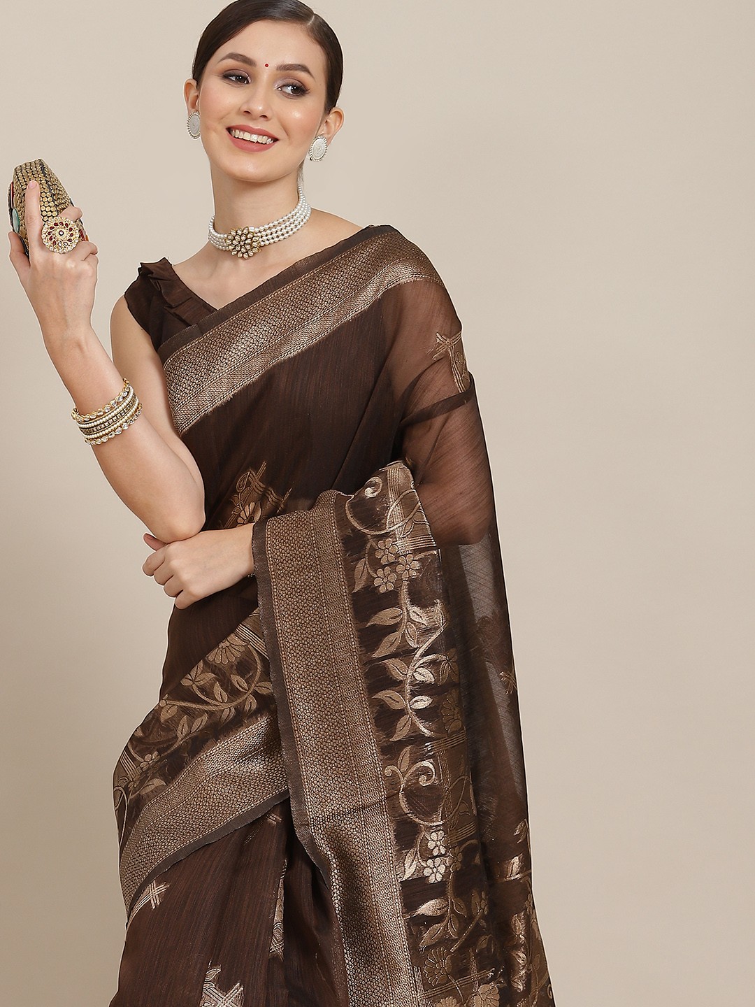 

Saree mall Brown Floral Zari Banarasi Sarees