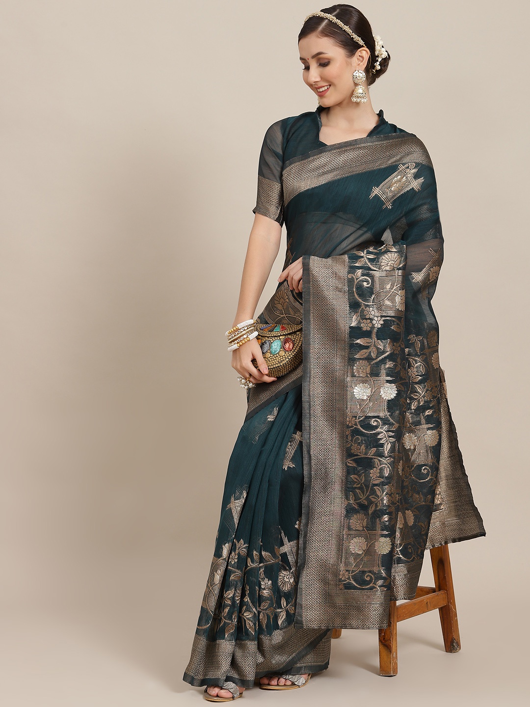 

Saree mall Teal & Gold-Toned Floral Zari Banarasi Sarees