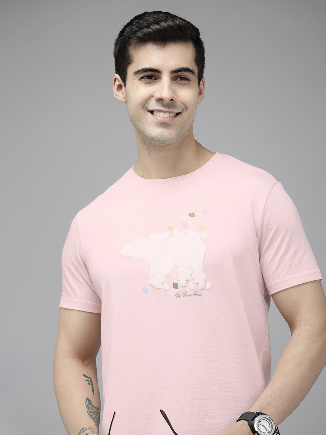 

THE BEAR HOUSE Ardor Edition Men Pink Printed Pure Cotton Slim Fit T-shirt