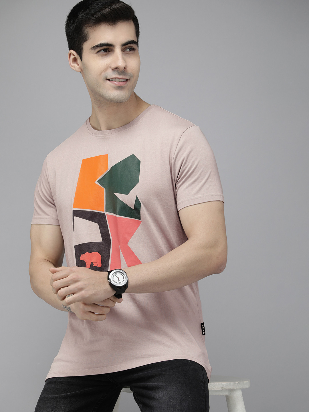 

THE BEAR HOUSE Ardor Edition Men Peach-Coloured Printed Pure Cotton Slim Fit T-shirt