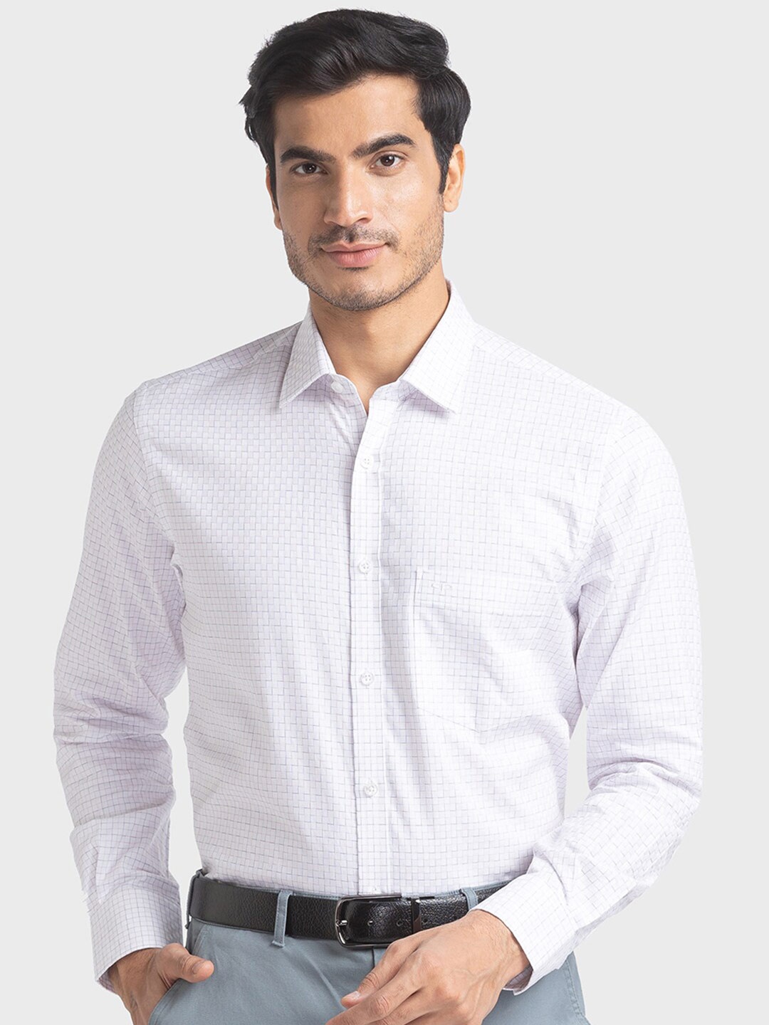 

ColorPlus Men White Tailored Fit Grid Tattersall Checks Checked Casual Shirt