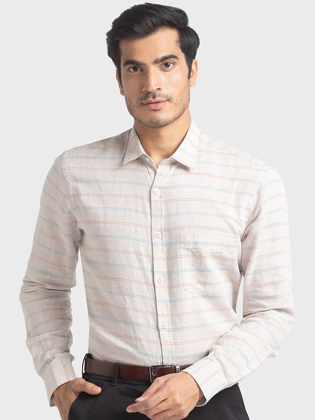 

ColorPlus Men Yellow Tailored Fit Horizontal Stripes Striped Casual Shirt