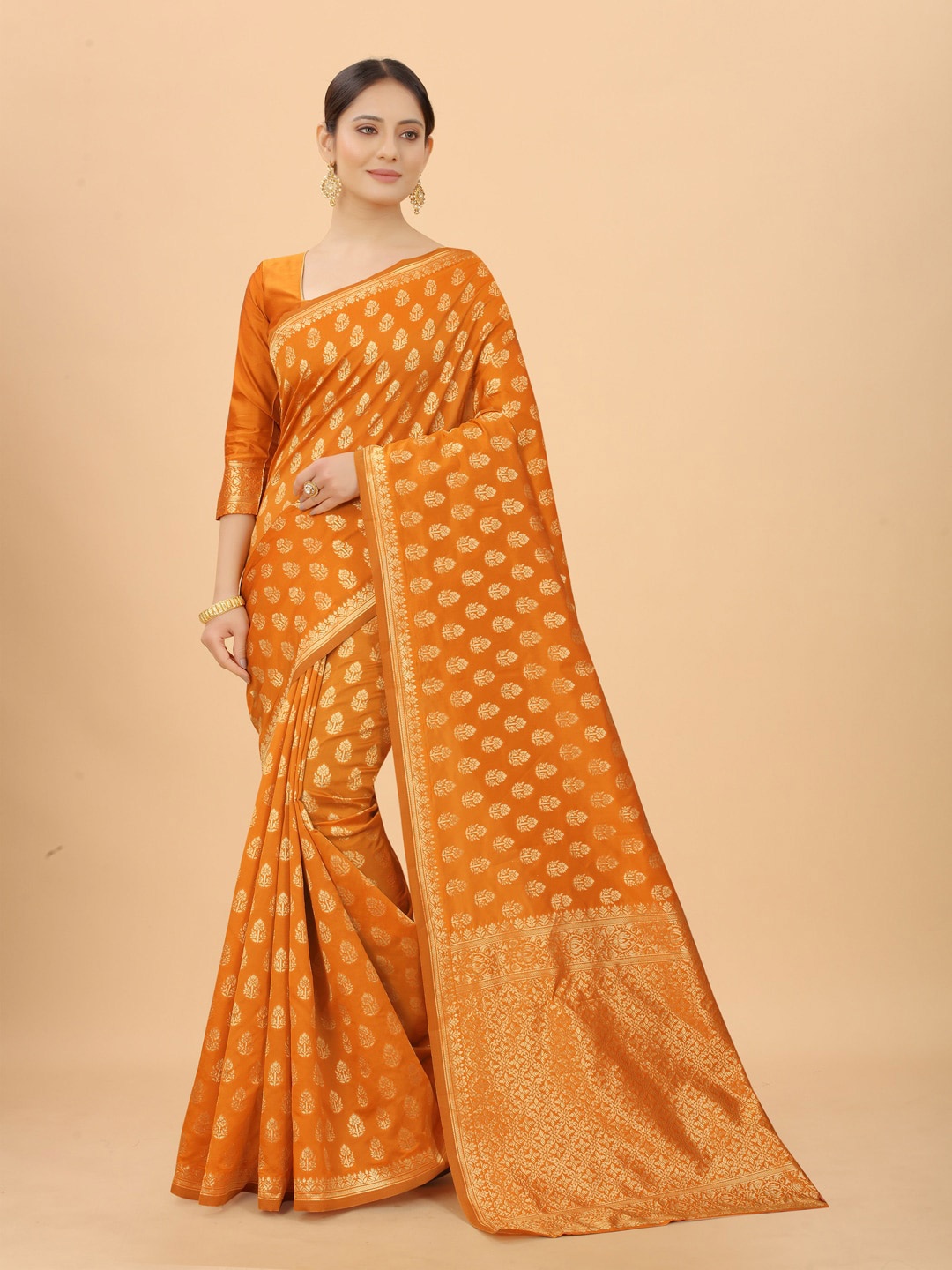 

WELL WORN Gold-Toned & Orange Woven Design Zari Silk Cotton Banarasi Saree