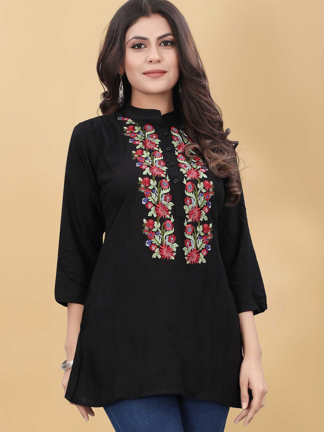 

PRASTHAN Women Black Floral Print Mandarin Collar Top