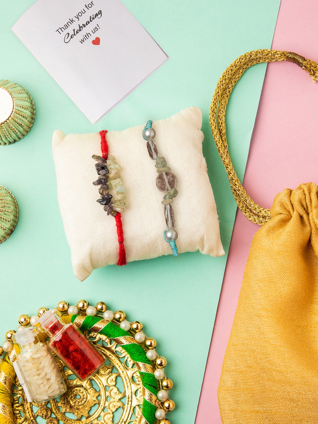 

DEEBACO Set of 2 Red & Blue Rakhi with Stone Studded & Roli Chawal