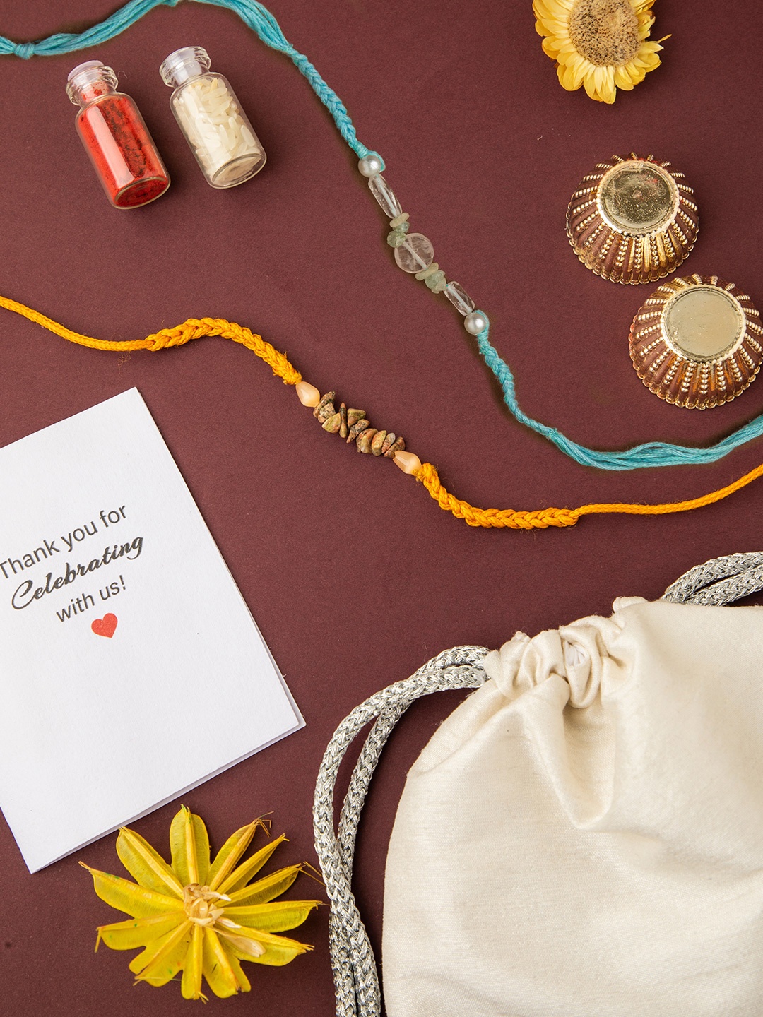 

DEEBACO Multicoloured Stone Studded with Roli Chawal & Greetings Card Rakhi, Multi