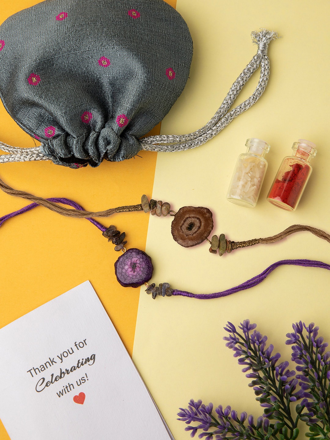 

DEEBACO Brown & Purple Set of 2 Unakite & Agate Stone Rakhi