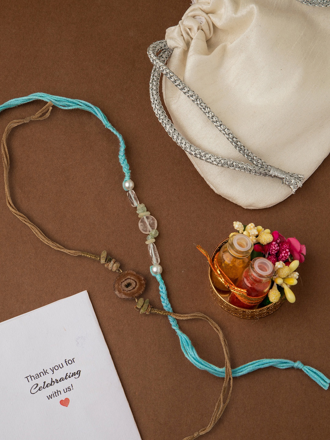 

DEEBACO Set Of 2 Blue Aquamarine Healing Stone & Agate & Unakite Healing Stone Rakhi