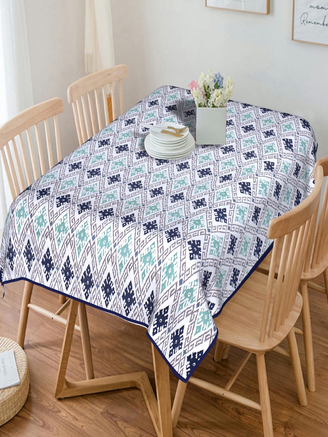 

INDHOME LIFE White & Blue Floral Print 6-Seater Pure Cotton 200 TC Table Cover