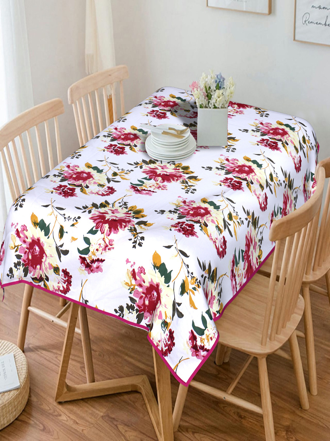 

INDHOME LIFE White & Pink Printed Pure Cotton Table Cover