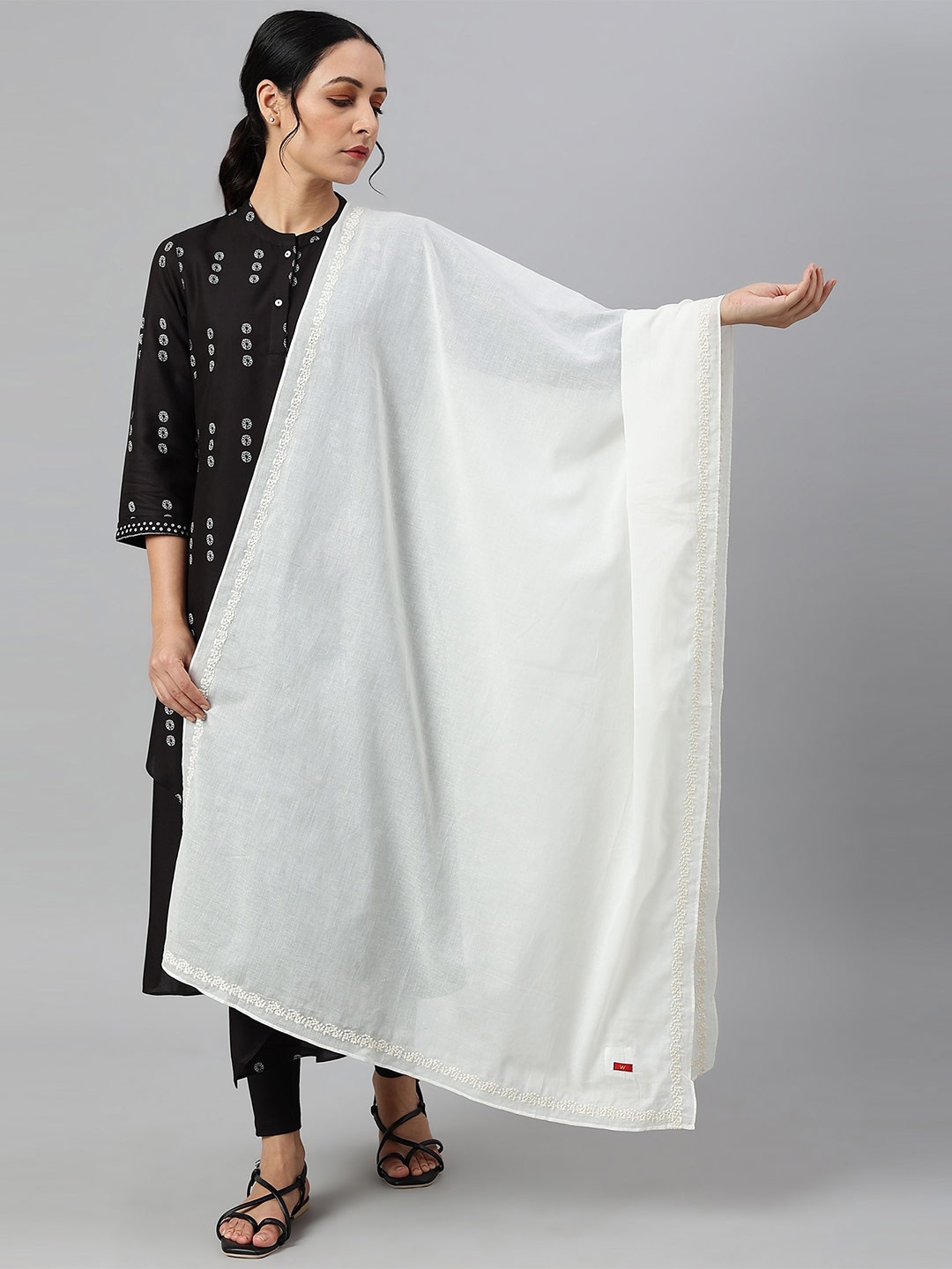 

W Women Off White Embroidered Voile Dupatta
