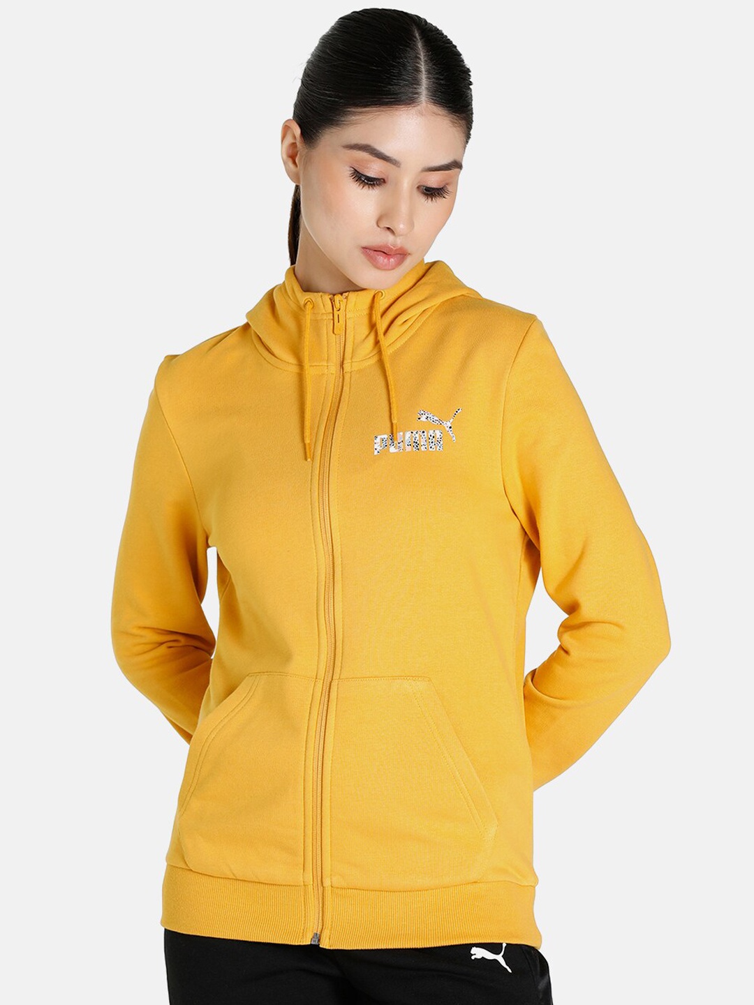 

Puma Women Yellow & White FZ Hoodie III Brand Logo Regular Fit Sporty Jacket