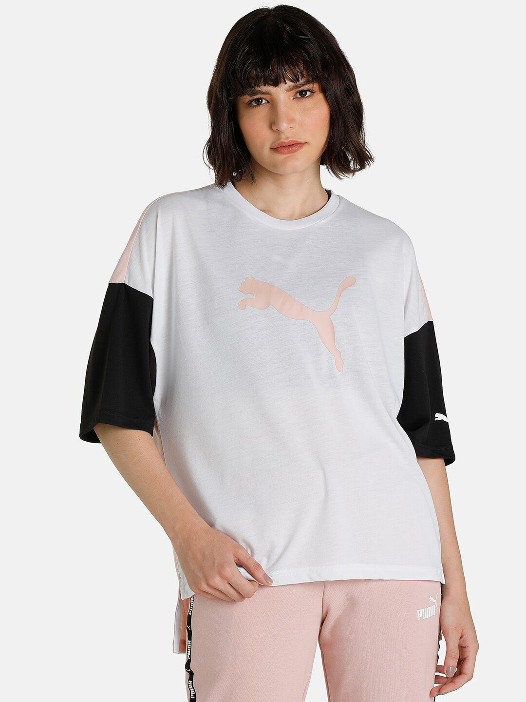 

Puma Women White & Black Modern Sports Brand Logo Colourblocked Oversized T-shirt