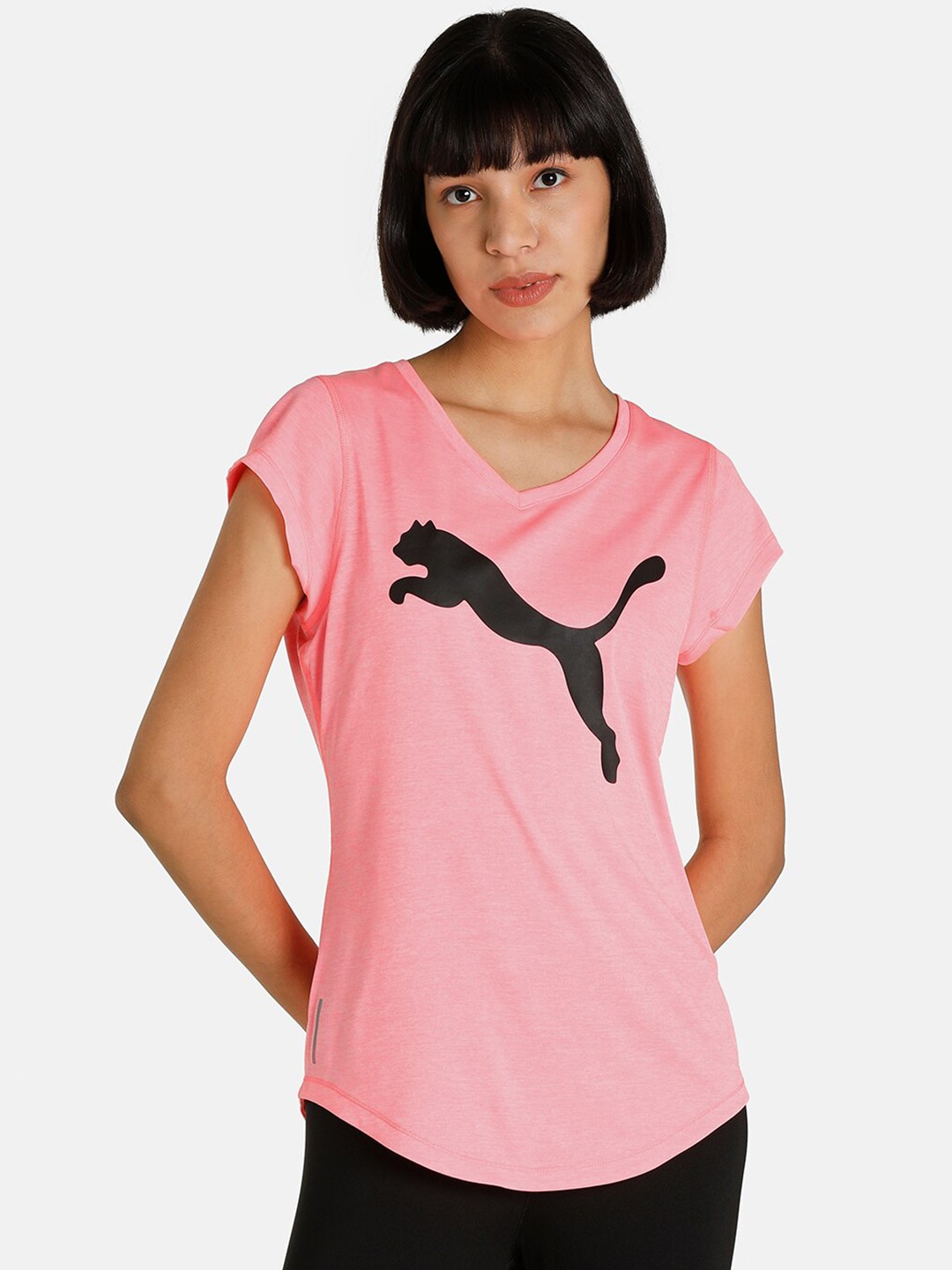 

Puma Women Pink Heather Cat V-Neck Printed T-shirt