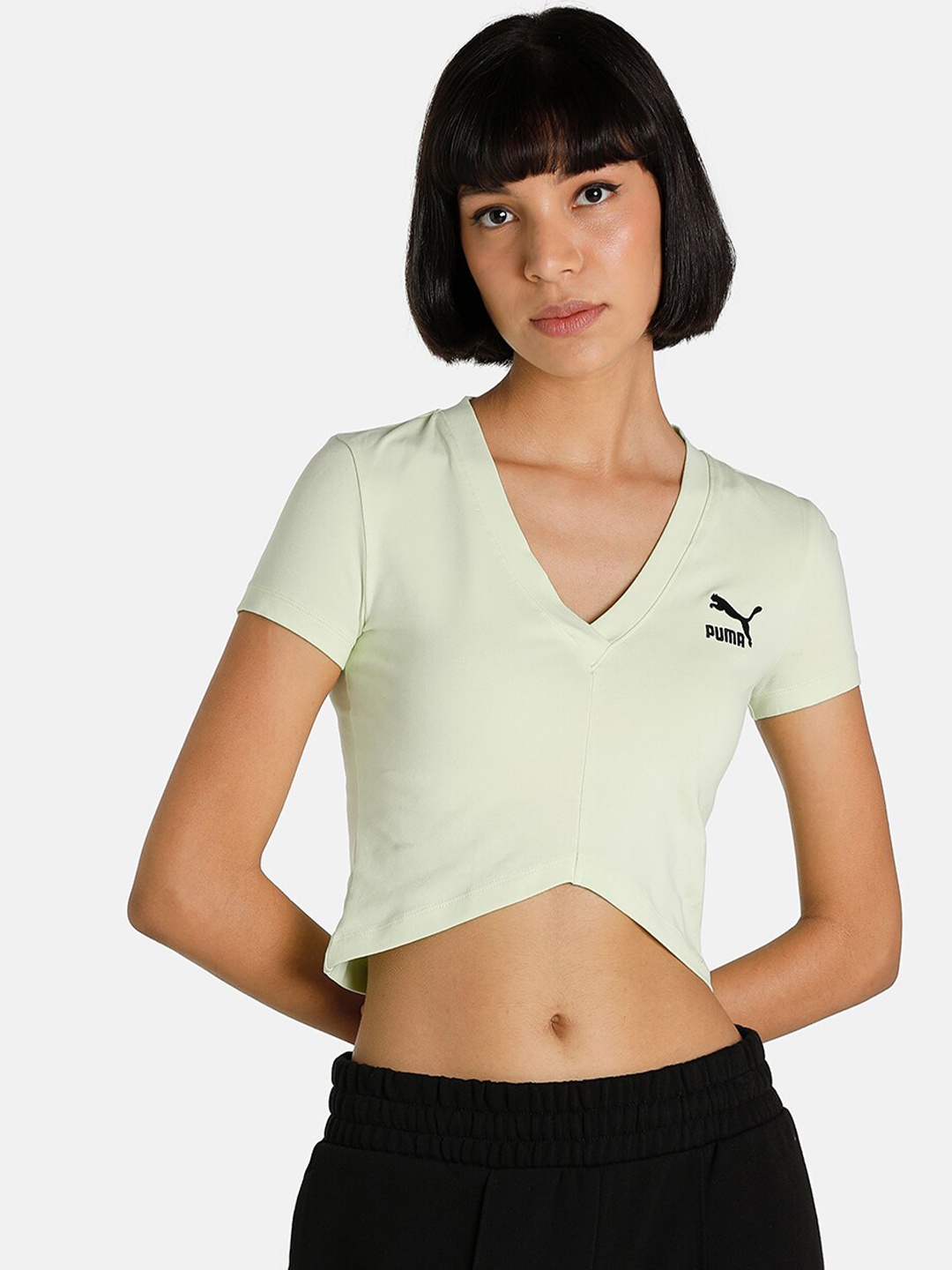 

Puma Women Green Classics Cropped V-Neck Slim Fit T-shirt