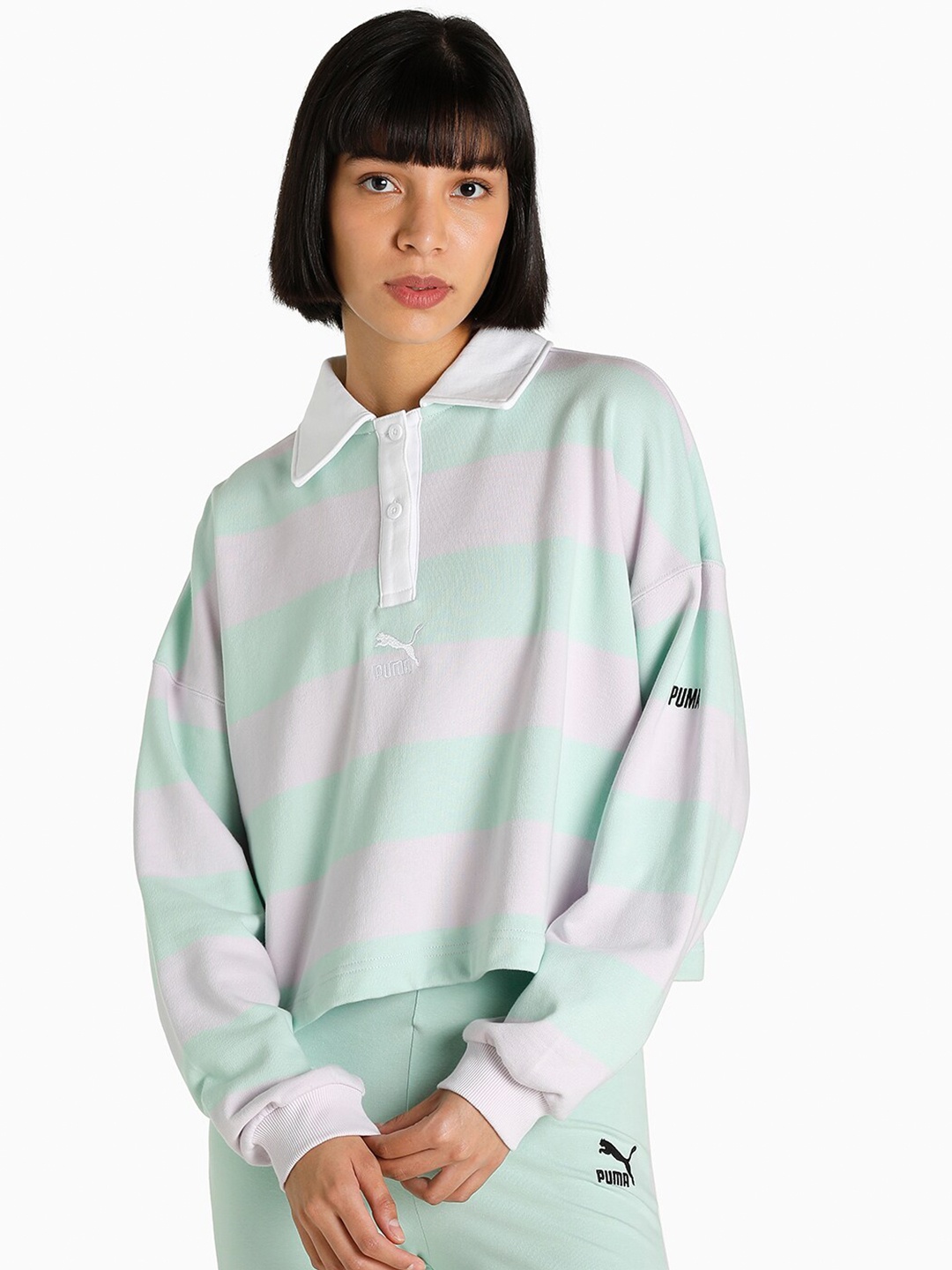 

Puma Lavender & Green SWxP Striped Oversized Fit Polo Top
