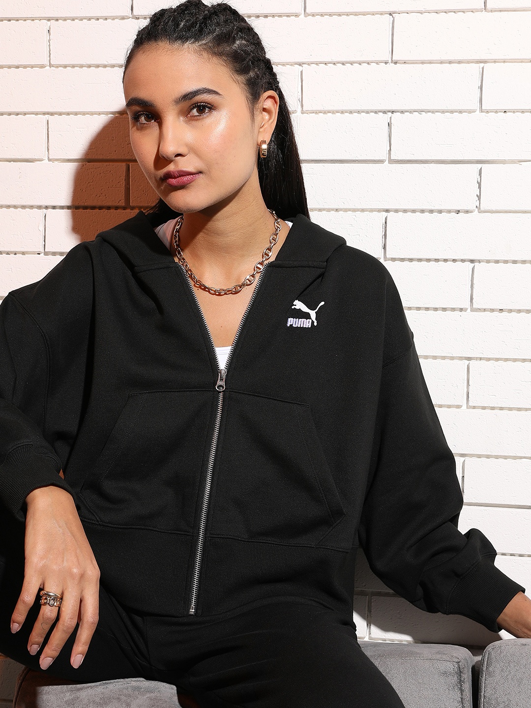 

Puma Women Black Classics Full-Zip Longline Sporty Jacket