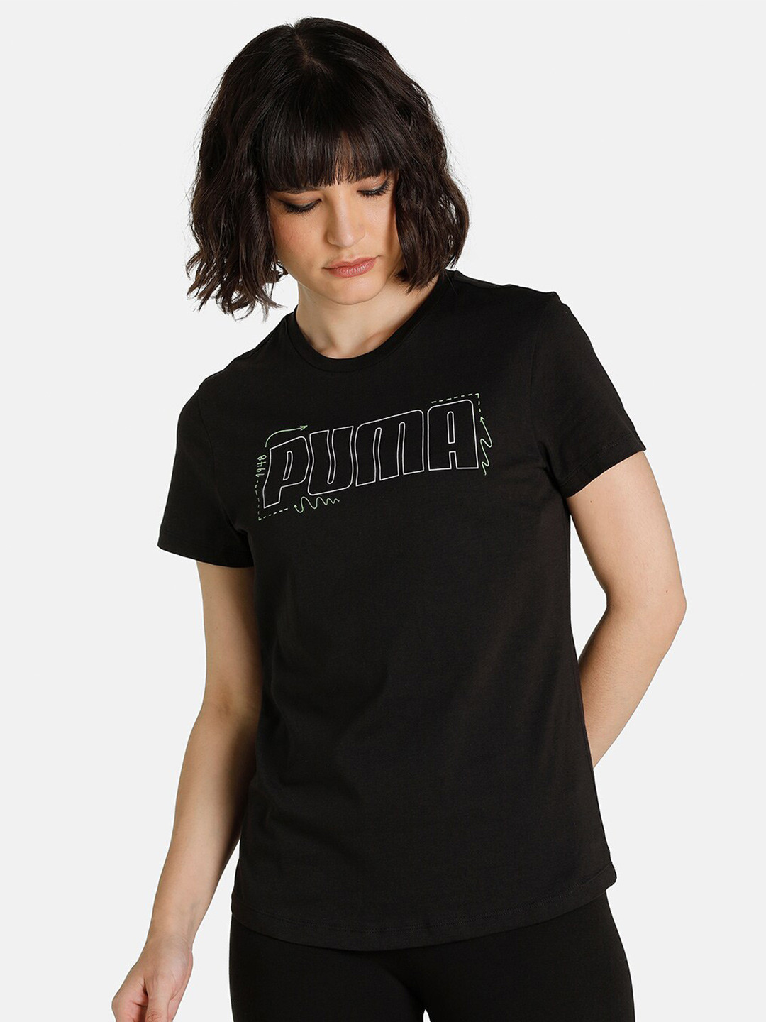 

Puma Women Black Graphic Brand Logo T-shirt