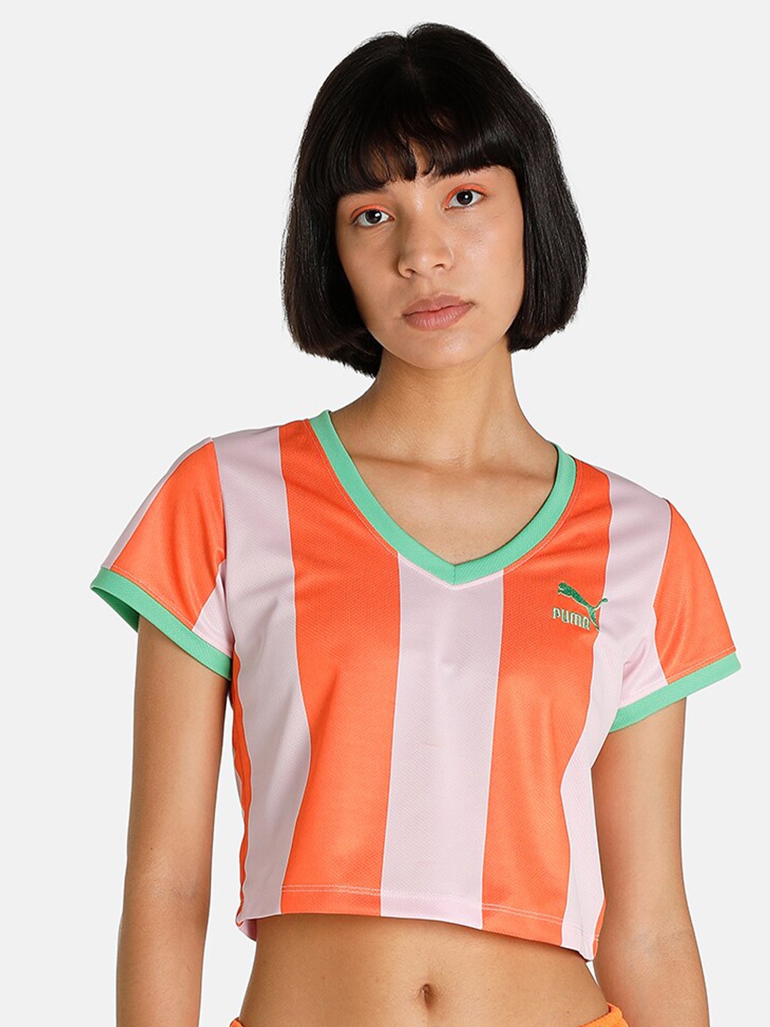 

PUMA X DUA LIPA Orange & Green Printed V-Neck Slim Fit T-shirt
