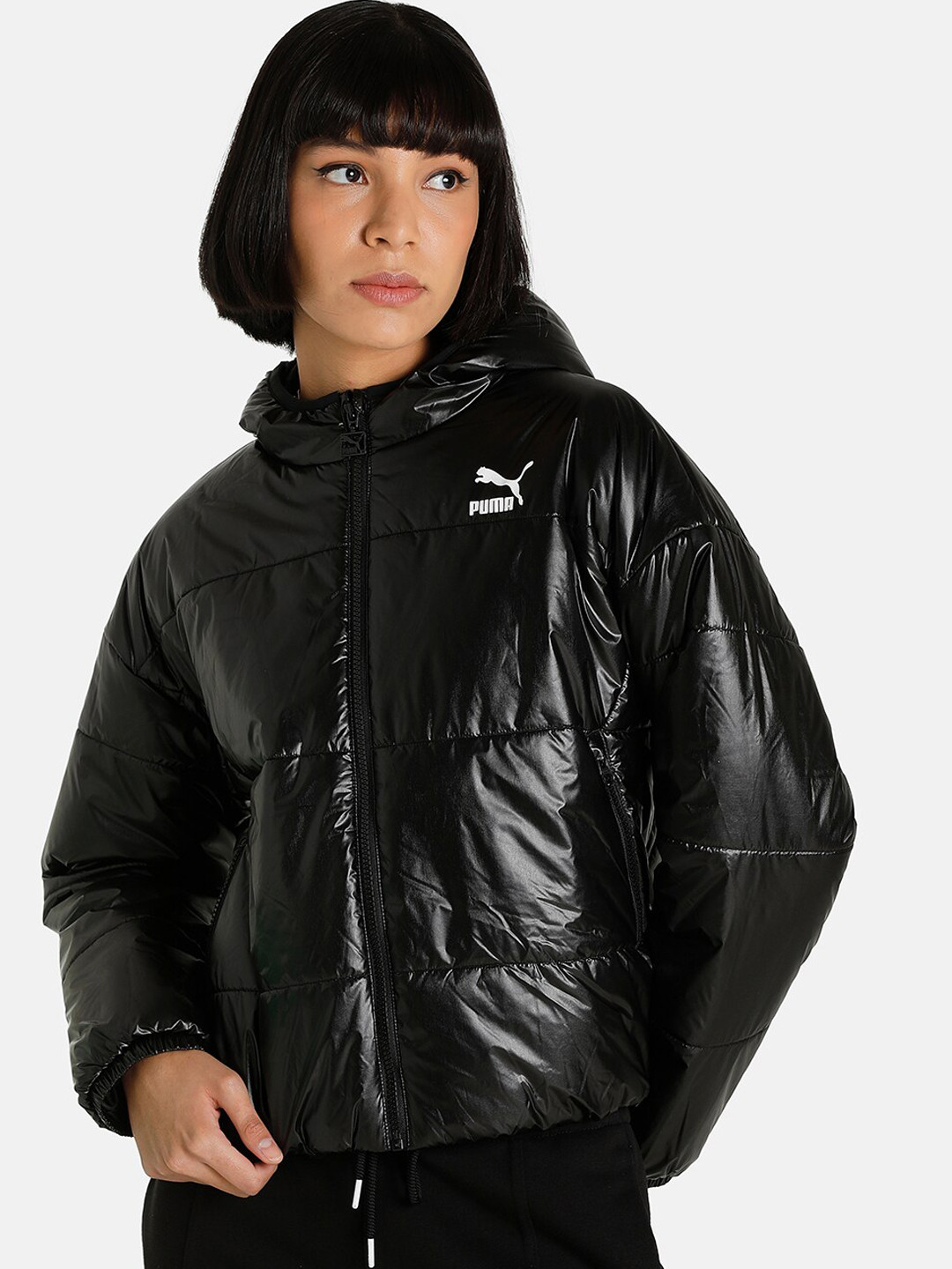 

Puma Women Black Classics Shiny Brand Logo Striped Padded Jacket