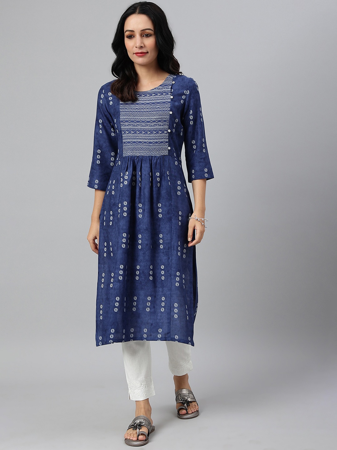 

W Women Blue Ethnic Motifs Printed Flared Sleeves Handloom Kurta