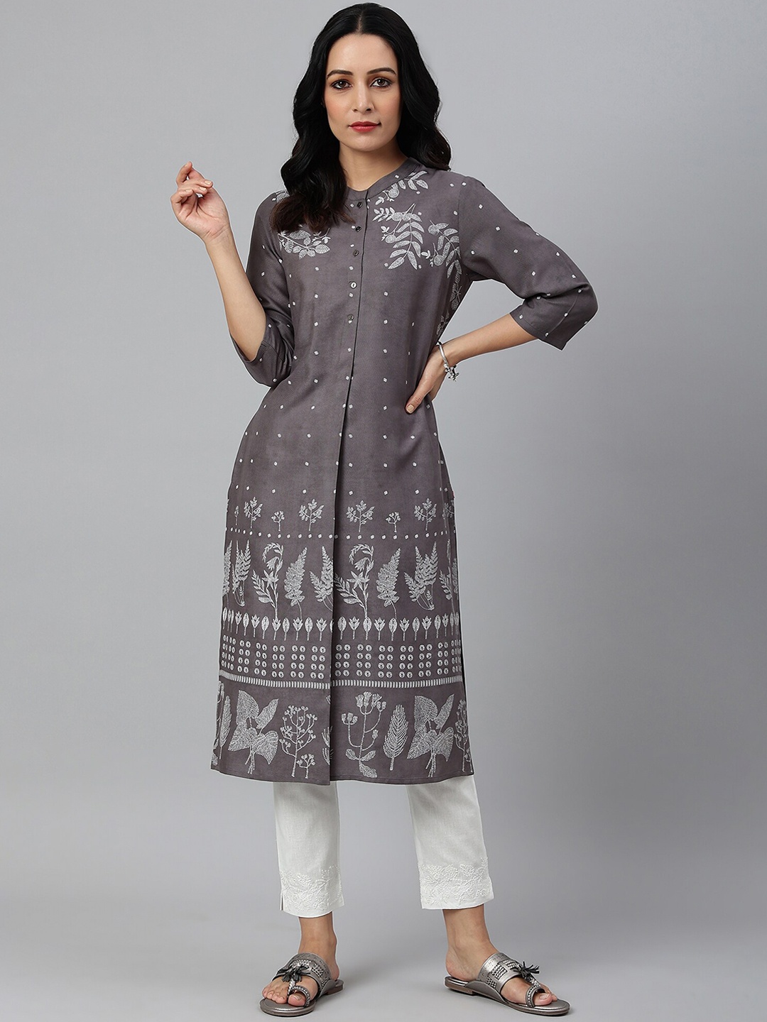 

W Women Grey Floral Printed Handloom Kurta