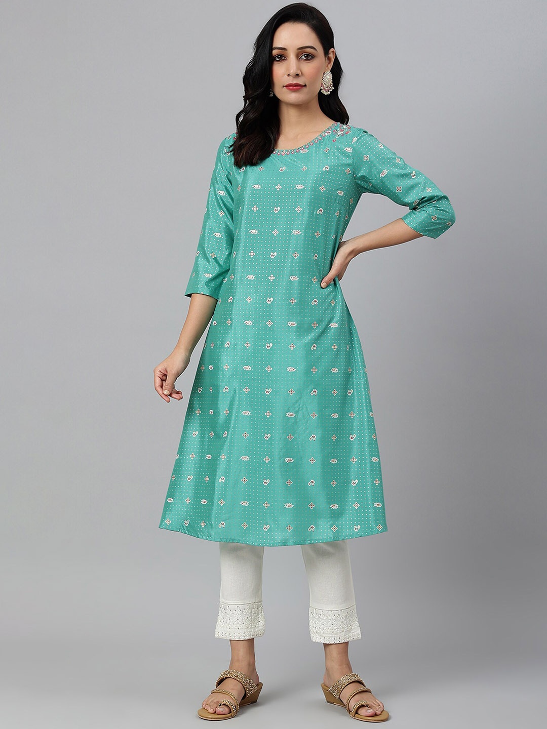 

W Women Green Ethnic Motifs Printed Kurta