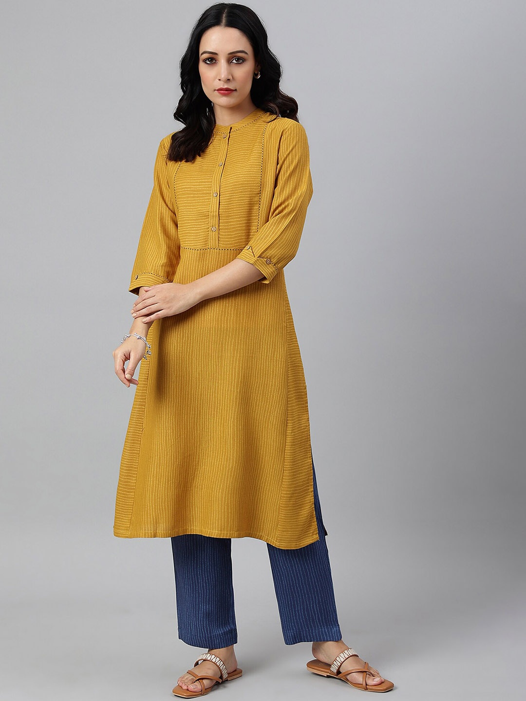 

W Women Yellow Thread Embroidered Rayon Kurta