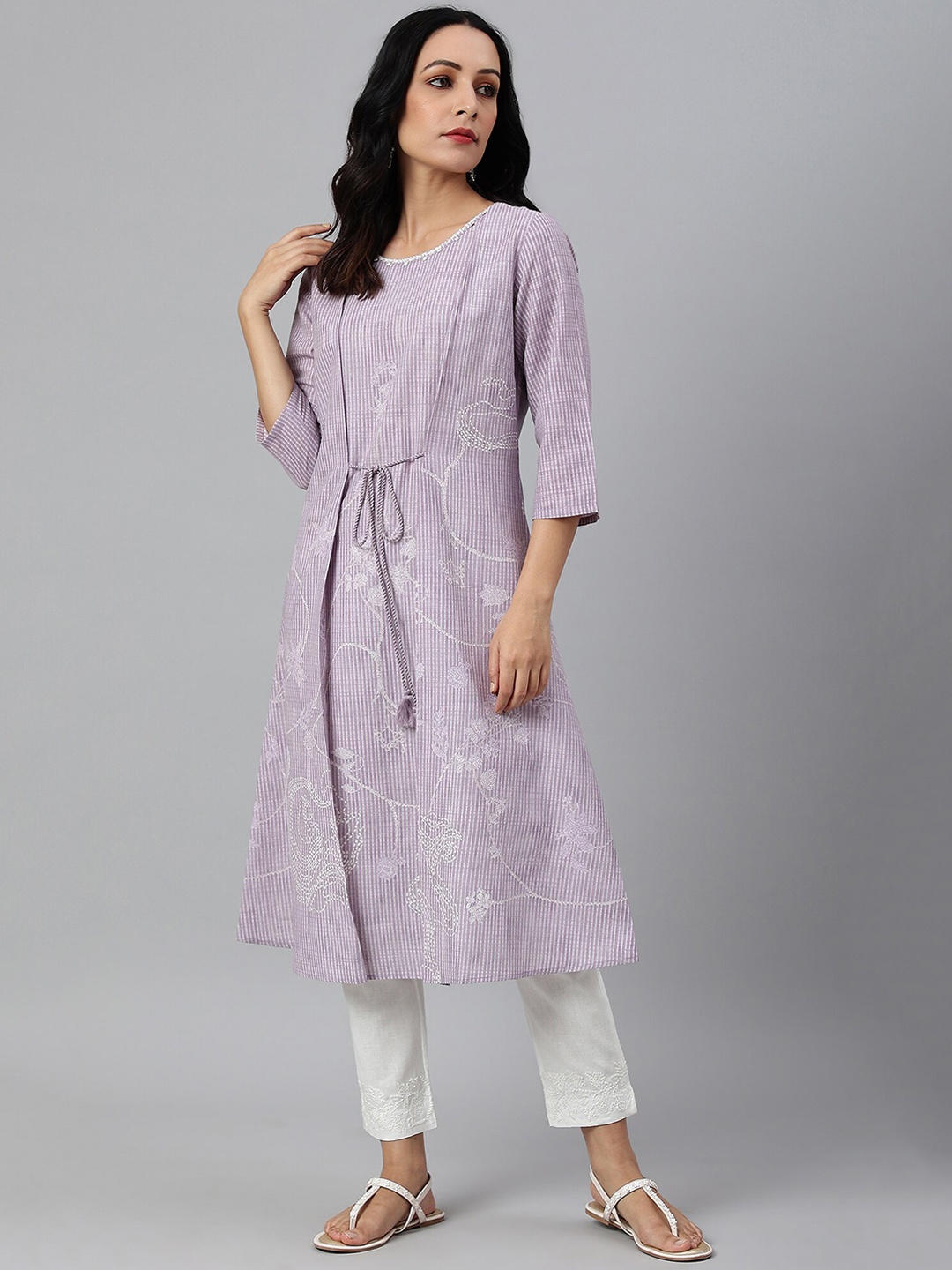 

W Women Floral Print Cotton A-Line Kurta, Purple