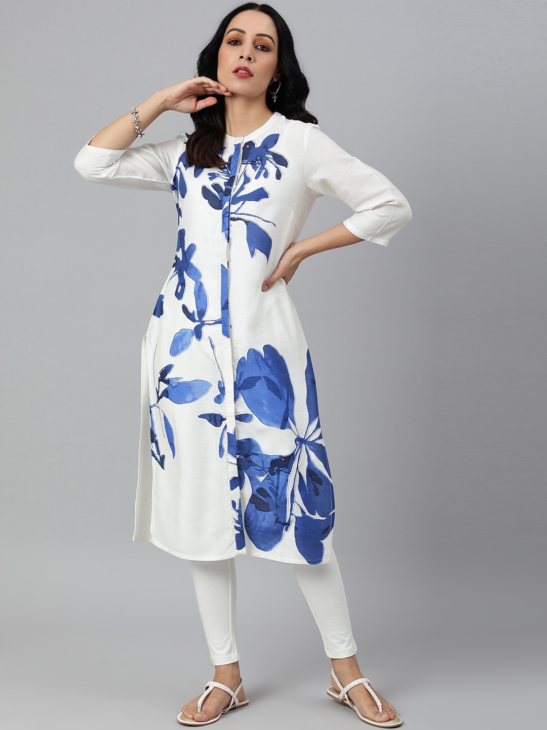 

W Women White Printed Thread Work Handloom Kurta