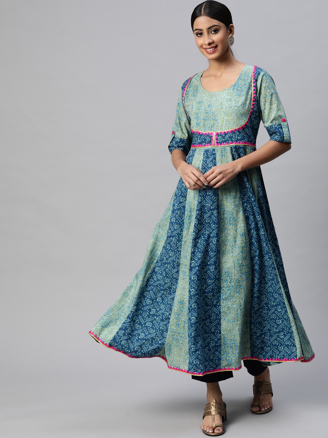 

mokshi Women Blue Ethnic Motifs Printed Gotta Patti Anarkali Kurta