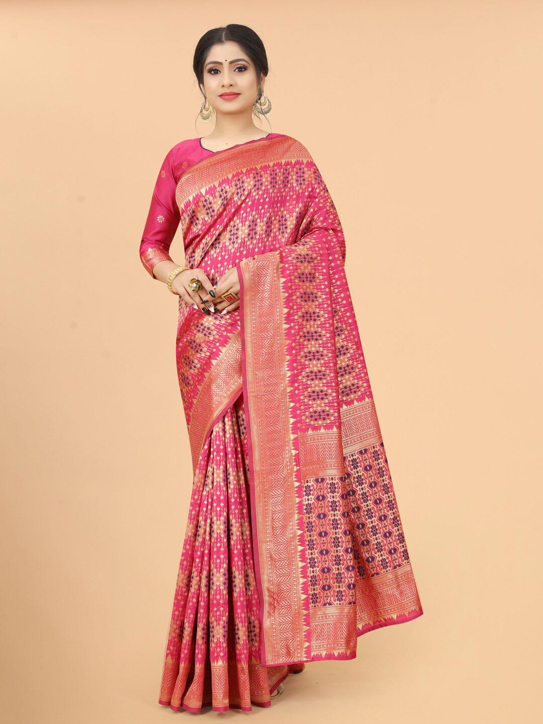 

WELL WORN Pink & Blue Woven Design Zari Silk Cotton Banarasi Saree