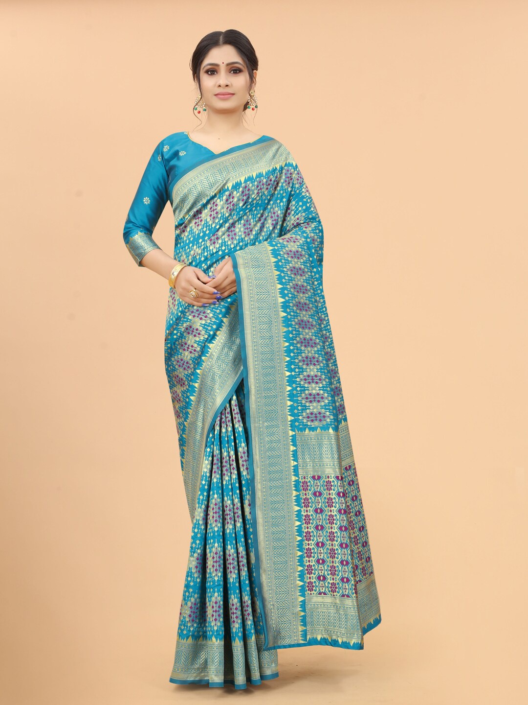 

WELL WORN Blue & Gold-Toned Ethnic Motifs Zari Silk Cotton Banarasi Saree