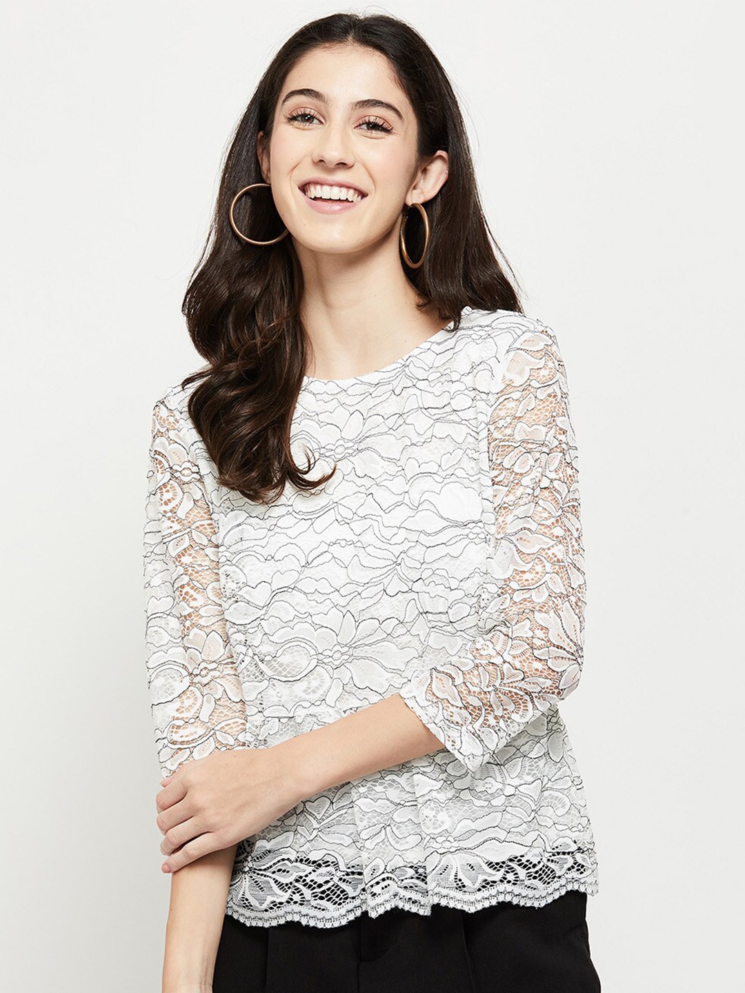 

max Women White & Black Round Neck Floral Top