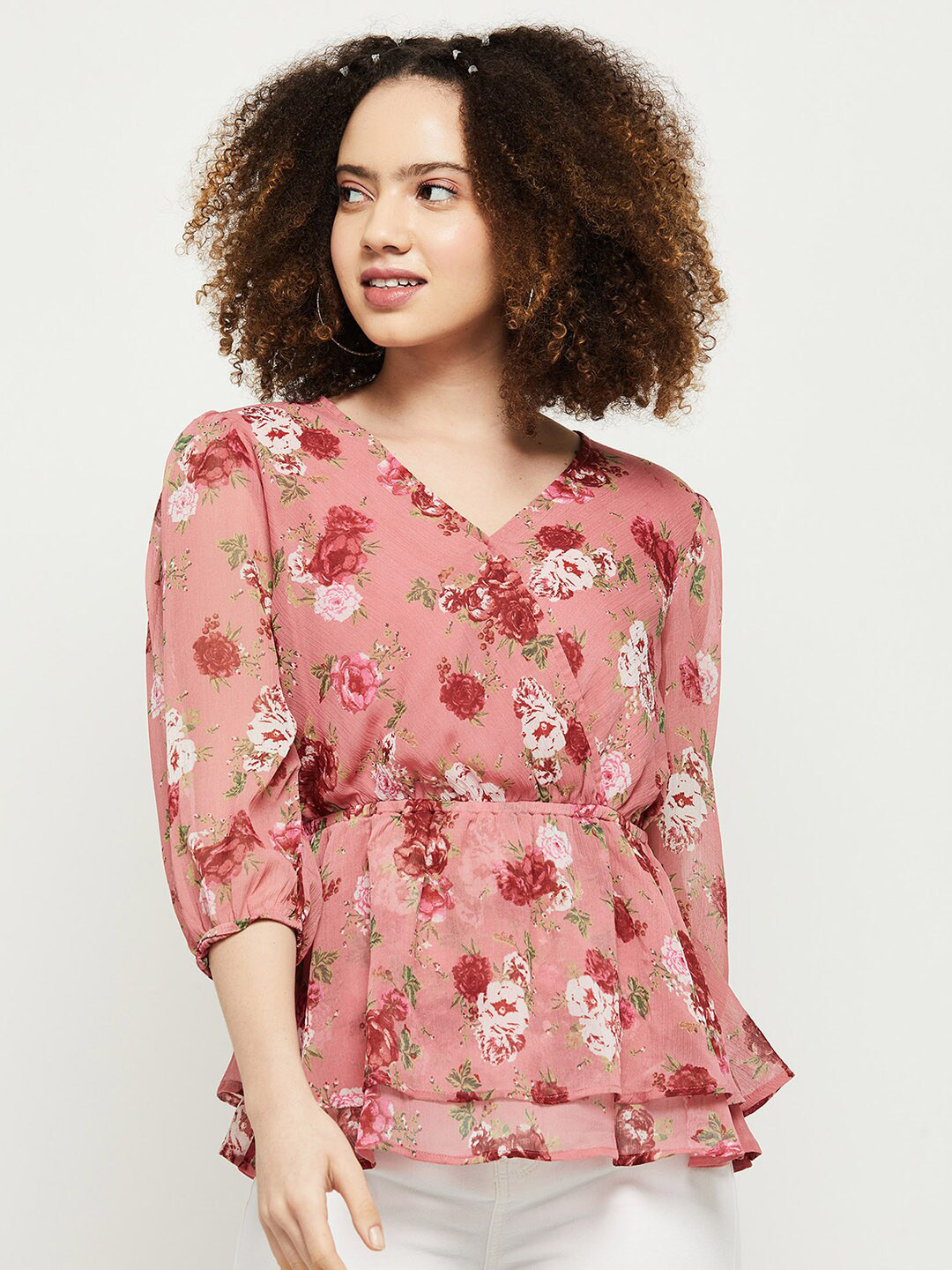 

max women Pink Floral Print Wrap Top