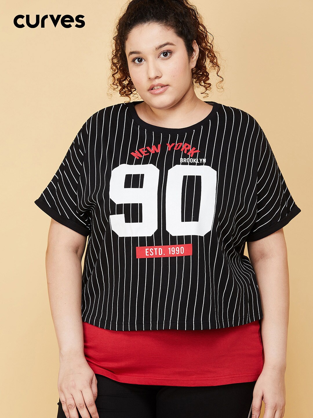 

max Women Plus Size Black Print Extended Sleeves Top