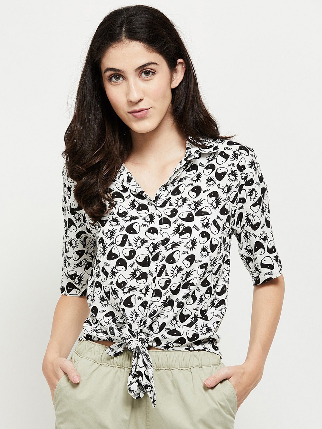 

max Women Cream-Coloured Animal Print Top