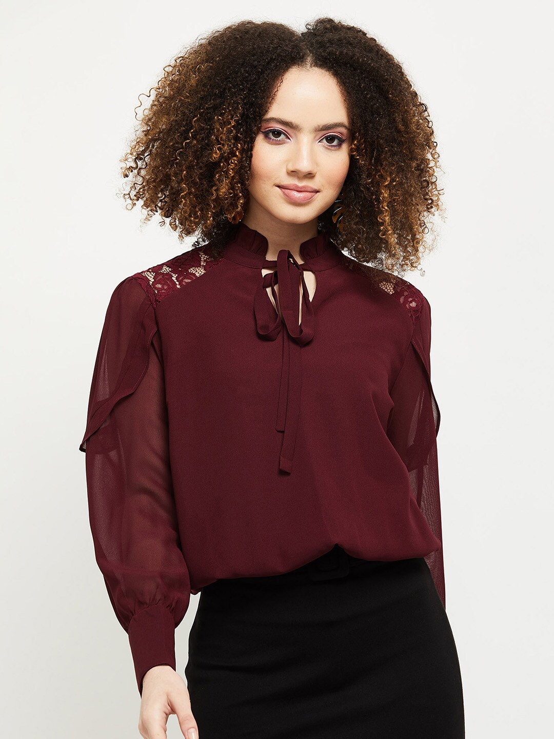 

max Maroon Tie-Up Neck Top