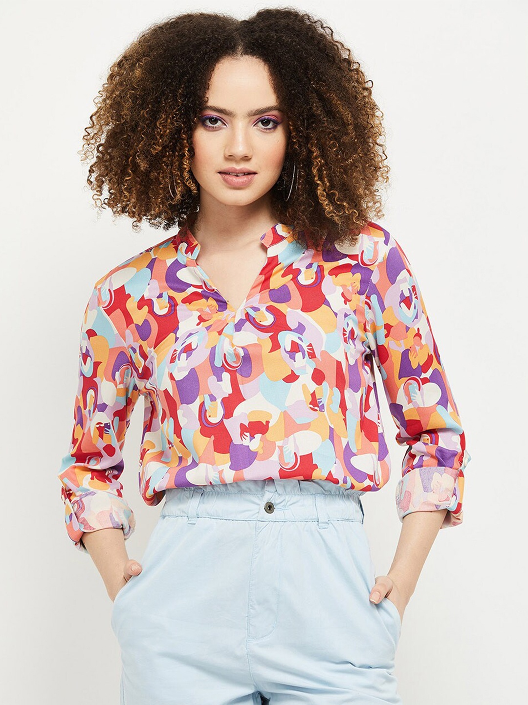 

max Coral & Purple Print Mandarin Collar Shirt Style Top