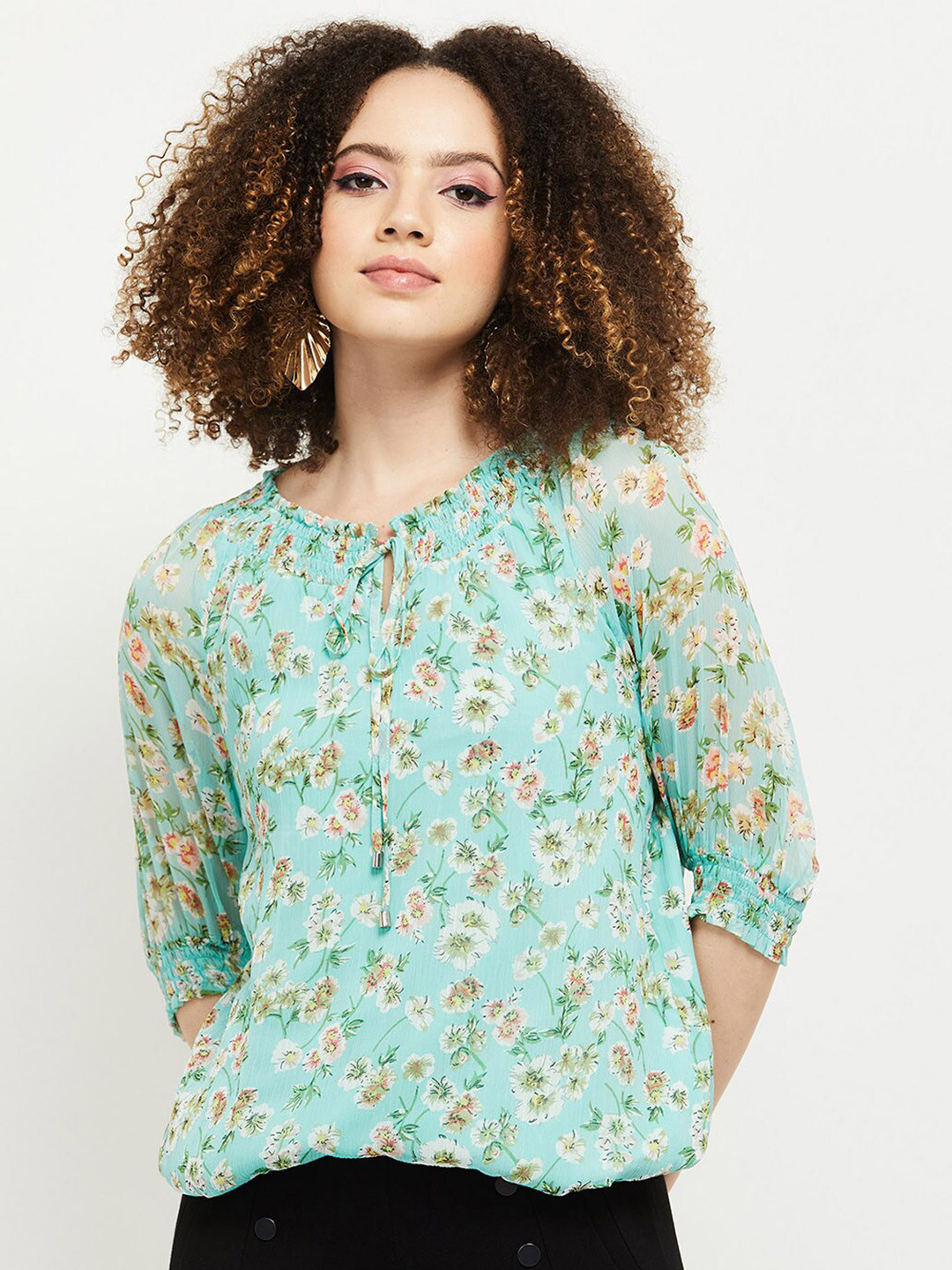 

max Green & White Floral Print Tie-Up Neck Blouson Top