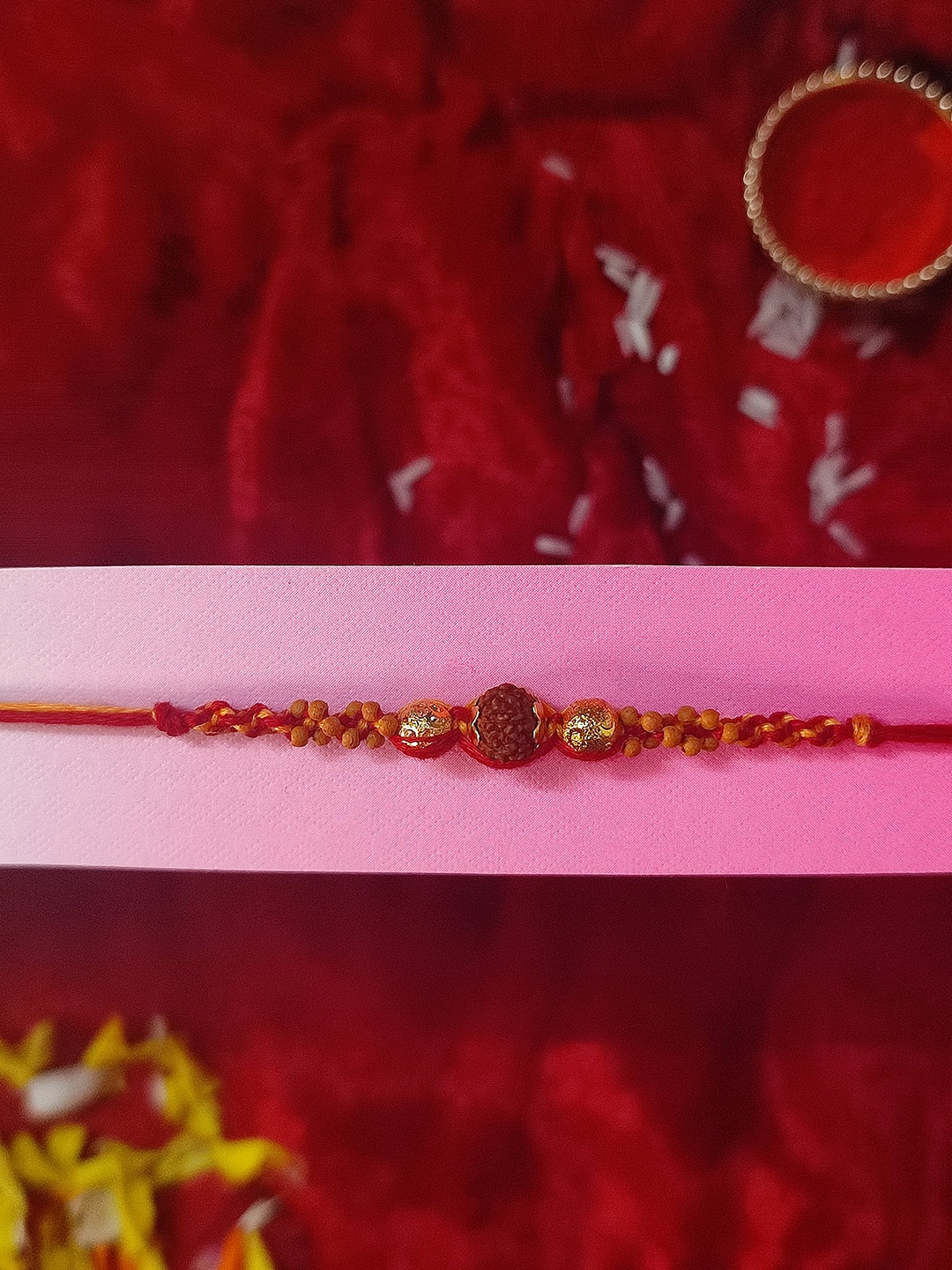 

CRAYTON Men Red & Mustard Yellow Rudraksh & Golden Beads Studded Rakhi