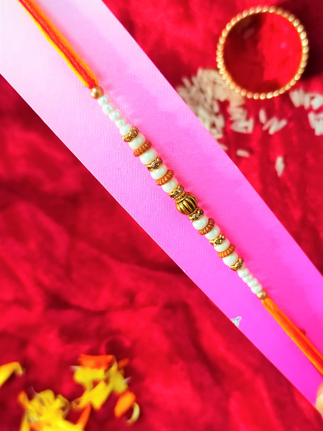 

CRAYTON Men White & Gold-Toned Moti & Pearl Beaded Tie-Up Rakhi